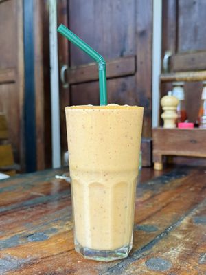 Mango, coconut & strawberry smoothie (55 THB)  at Om Garden Cafe in Pai