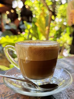 Cappuccino w/ soy milk (45 THB)  at Om Garden Cafe in Pai