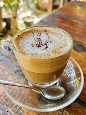 Cappuccino w/ soy milk (45 THB)  at Om Garden Cafe in Pai