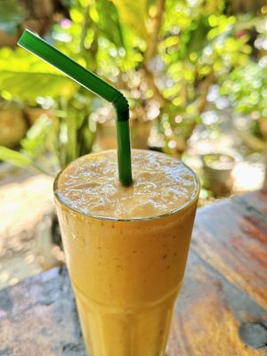 Mango, coconut & strawberry smoothie (55 THB)  at Om Garden Cafe in Pai