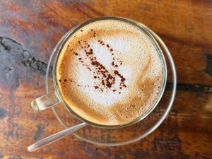 Cappuccino w/ soy milk (45 THB)  at Om Garden Cafe in Pai