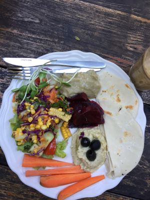 Mezze plate, made vegan  at Om Garden Cafe in Pai