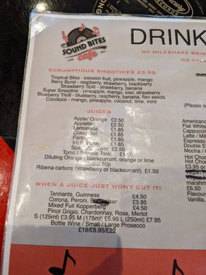 Drink menu 1 at Sound Bites in Arisaig