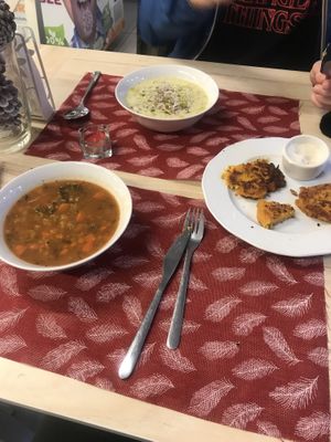 Soup and fritters at Organic Corner Food Store and Bistro in Warsaw