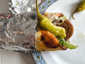 Vegan lahmacun (turkish pizza) with salad and falafel at Zum Halil in Krefeld