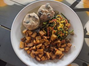 Biscuits and gravy with tofu scramble and potatoes at The Other Room in Oklahoma City