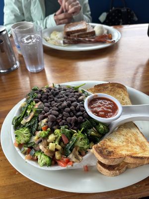 In view: Vegan skillet; mom’s meal: French toast (not vegan)  at First Awakenings in Monterey