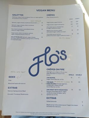 Vegan menu at Flo's Crêperie  in Mooloolaba