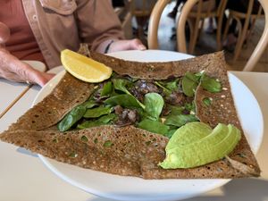 Mushrooms spinach avocado vegan cheese crepe (also gluten free)  at Flo's Crêperie  in Mooloolaba