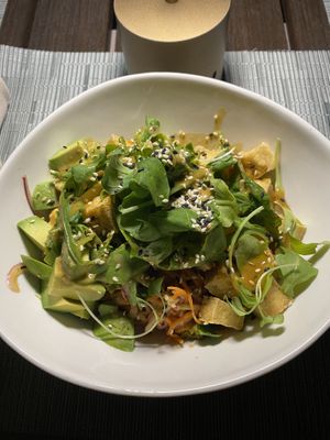 Tofu Buddha Bowl (vegan) with edamame, avocado, black rice, veggies and a wonderful sauce.  at The Farm in Providenciales