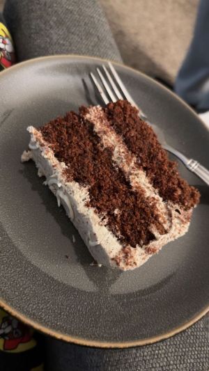 Moist chocolate cake with creamy vanilla espresso vegan buttercream frosting  at Eileen's Bakery & Cafe in Fredericksburg