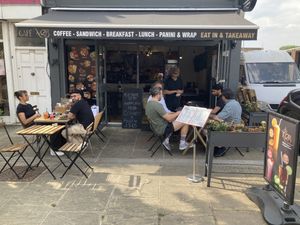 Outdoor seating  at Cafe M2B in North London