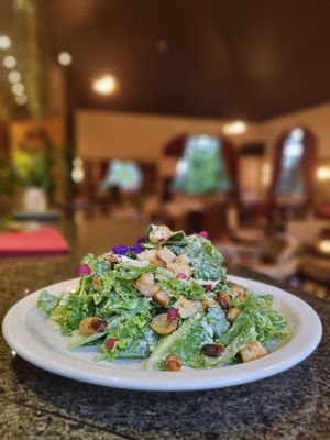 Special version of Caesar salad, where we combine kale, romaine lettuce and mint with roasted chickpea croutons, grapes and a dressing based on tahini yogurt and vegan parmesan at Terra Lounge in Boquete