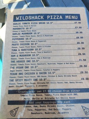 Pizza menu at Wild Shore Delamere in Northwich