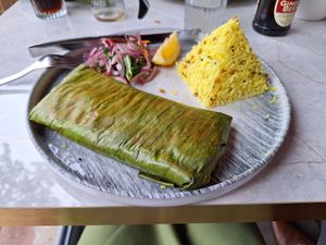 Marinated tofu in a banana leaf at Chennai Express in Fleet