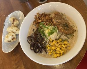 Cauliflower tempura (quite nice) and Miso classic (very tasty and creamy)  at Kitchen Impossible Amsterdam in Amsterdam