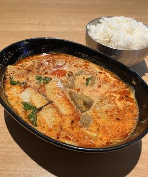 Panang Curry (bamboo, bell peppers & basil) with Mock Duck. Really enjoyed the hottest spice level (3x). at Haven Asian Eatery in Eden Prairie