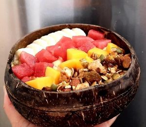 Yellow smoothie bowl at Lang's Salad in Ninh Binh