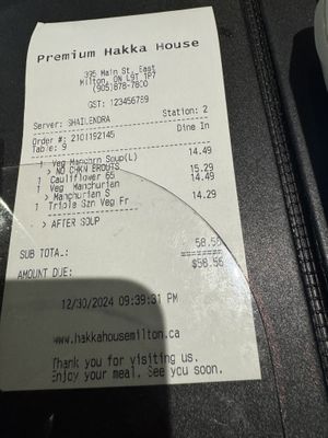 Receipt   at Premium Hakka House in Milton