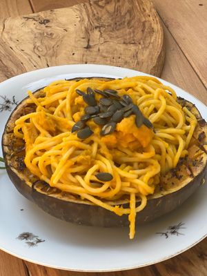pumpkin spaghetti at conviviovegetariano in Collevecchio