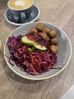 Veggie Meatballs with Super Slaw, Pickles and Lingonberry Jam  at Scandinavian Kitchen in London