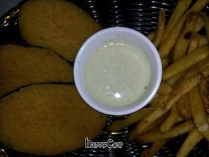 Wind Eagle Un Fish n Chips-Crispy golden battered soy fish with fries and Tongva tarter sauce at Rawsheed's Raw Vegan Fusion in Granada Hills