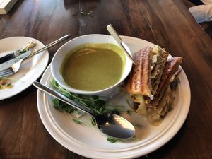 Cream of Kale soup and cubano sandwich   at Greens Organic Cafe and Market in Sarnia