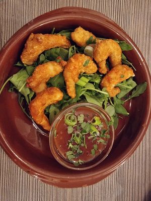 Deep fried "shrimps" with ruccola and sweet chilli sauce at Szabad Bisztró - Új Hely in Budapest