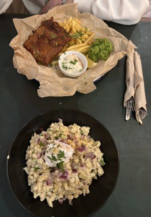 Notfish & chips and “Sztrapacska” with “cottage cheese"  at Szabad Bisztró - Új Hely in Budapest