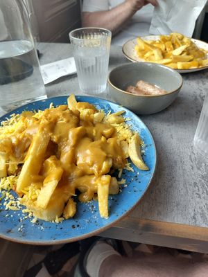 Vegan cheesy curry chip at Maggie Mays Stranmillis Cafe in Belfast