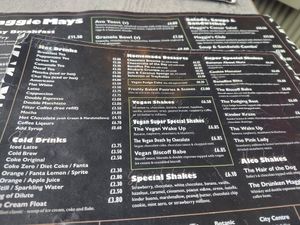 New dessert & drinks/ sweet menu : green box = veg at Maggie Mays Stranmillis Cafe in Belfast