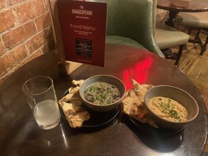 Vegan creamy garlic mushrooms and red pepper humous both with sour dough bread  at The Shakespeare in Derby