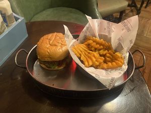 Vegan burger with waffle chips   at The Shakespeare in Derby