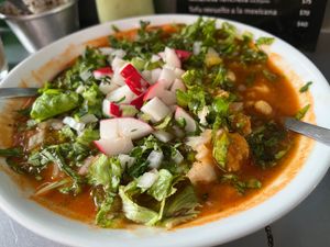 Vegan pozole at Distopía Coffee Zone in Mexico City