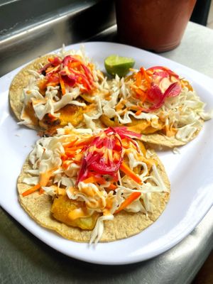 Crispy eggplant tacos  at Distopía Coffee Zone in Mexico City
