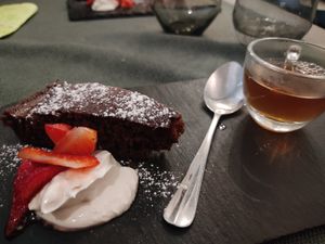 Cheesecake with yogurt and herb tea at Pan GhEA in Milan