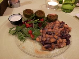 Broccoli cakes with beans salad and the best mayonnaise I've ever tasted at Pan GhEA in Milan