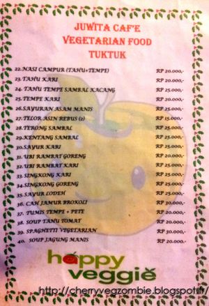 Indonesian VG menu at Juwita Cafe in Samosir