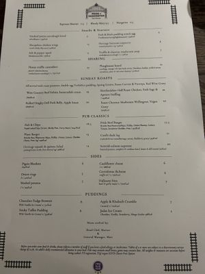 Menu  at The Pride Of Paddington in West London