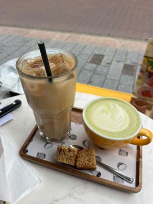 iced latte and matcha  at The Happiness Café in Den Bosch