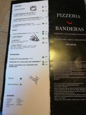 Menue at Pizzaria Banderas in Bayerisch Eisenstein