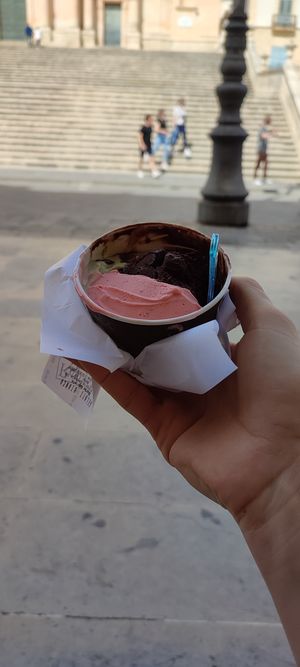 chocolate, pistachio, strawberry at Gelati Bianca in Noto