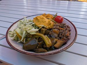 4 salad options with carrot tahini dressing at little green kitchen - Kunibertsviertel in Cologne