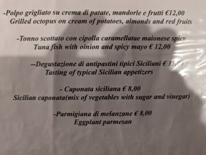 Antipasti menu - caponata is vegan at Ristorante Il Dasa in Caltagirone