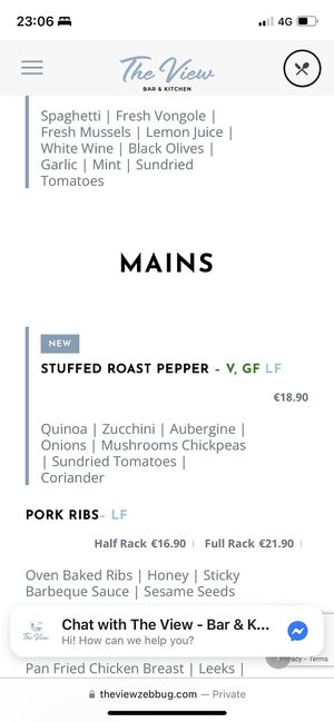 Screenshot of stuffed pepper from menu (in person menu labelled as vegan and confirmed with staff)  at The View Bar & Kitchen in Zebbug