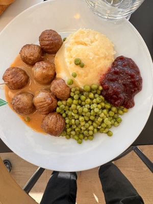 Mashed Potatoes, Jam, Green Peas, Vegan Meatballs with Gravy  at IKEA - Iris St in Ottawa