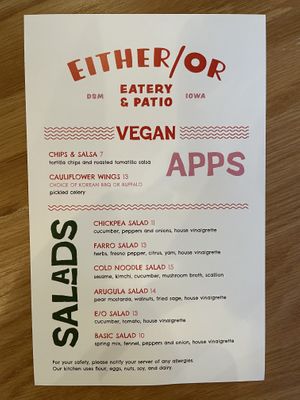 Vegan menu  at Either Or in Des Moines