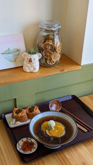 Veganised Green Mandarin Soba With Inari Sushi at Dotoree Kitchen in Jeju
