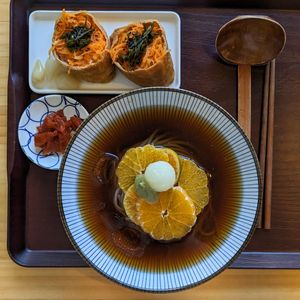 Veganised Green Mandarin Soba With Inari Sushi at Dotoree Kitchen in Jeju