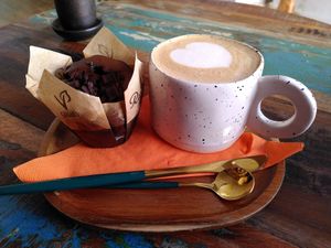 Latte and muffin (May 2025) at Angola Art Café - Caffi Celf Angola in Aberystwyth